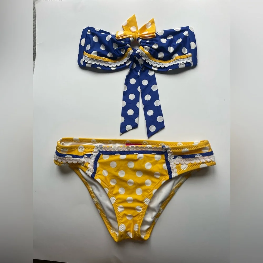 Betsey Johnson Bikini 2 Pieces Yellow Blue & White Polka Dots swimsuit